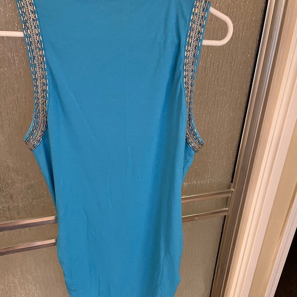 White‎ House Black Market Top Blue Silver Bead Drape Ruched Tunic,s. M - Picture 2 of 7